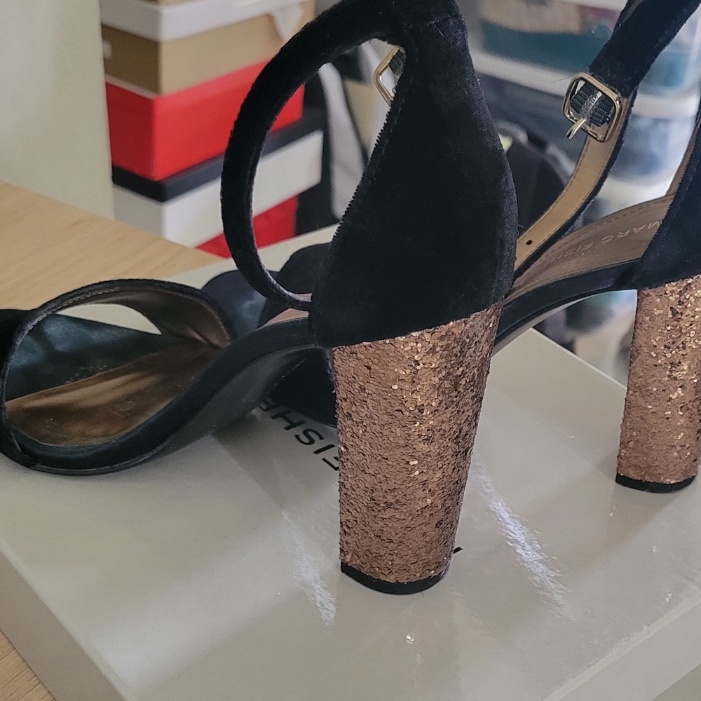 Marc Fisher Black and Gold Glitter Heels